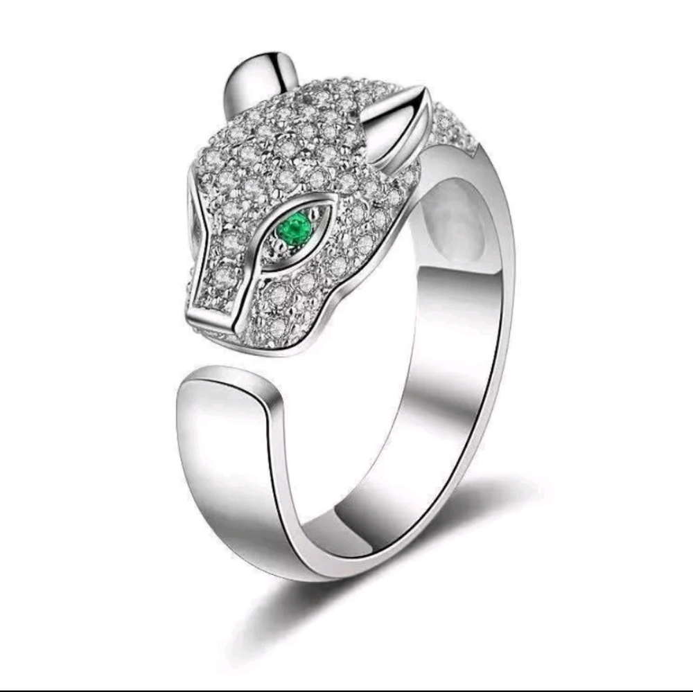 NWT Silver Plated Leopard Head Open Adjustable White & Green Faux Diamond